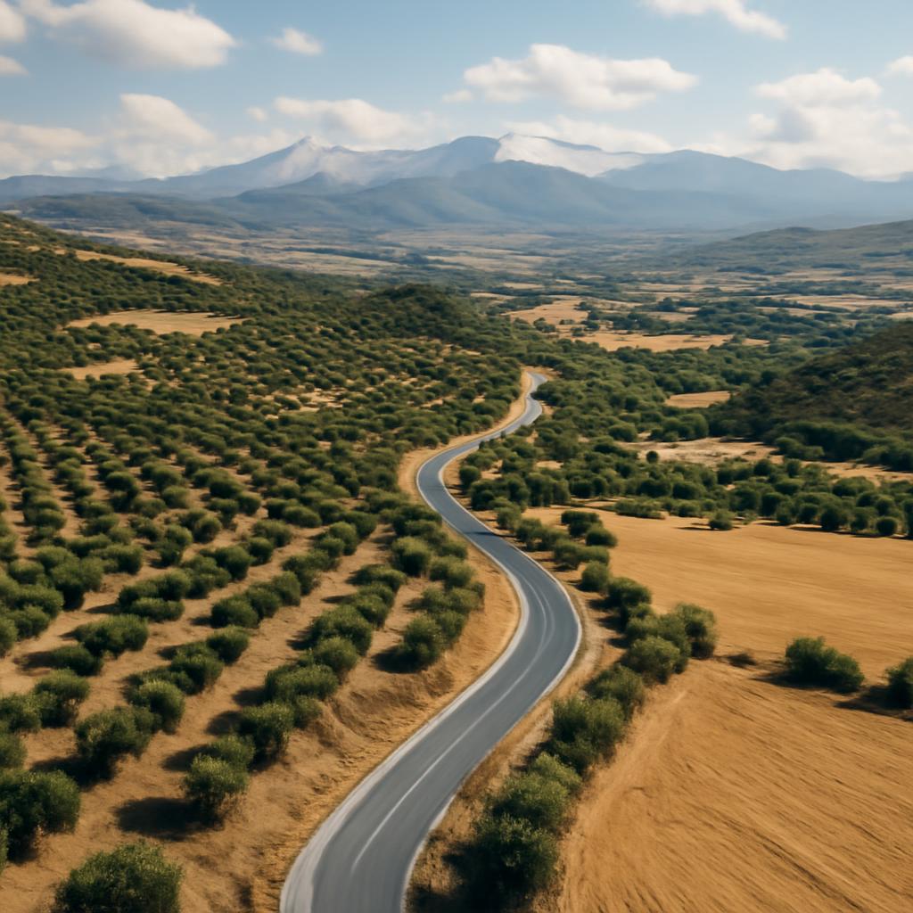 Vista elevada de una carretera rural entre olivares con Sierra Nevada al fondo