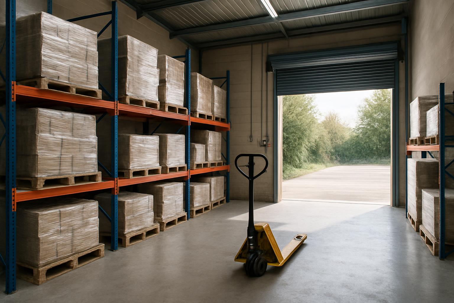 Interior de un almacén de distribución con estanterías de palés y transpaleta en primer plano