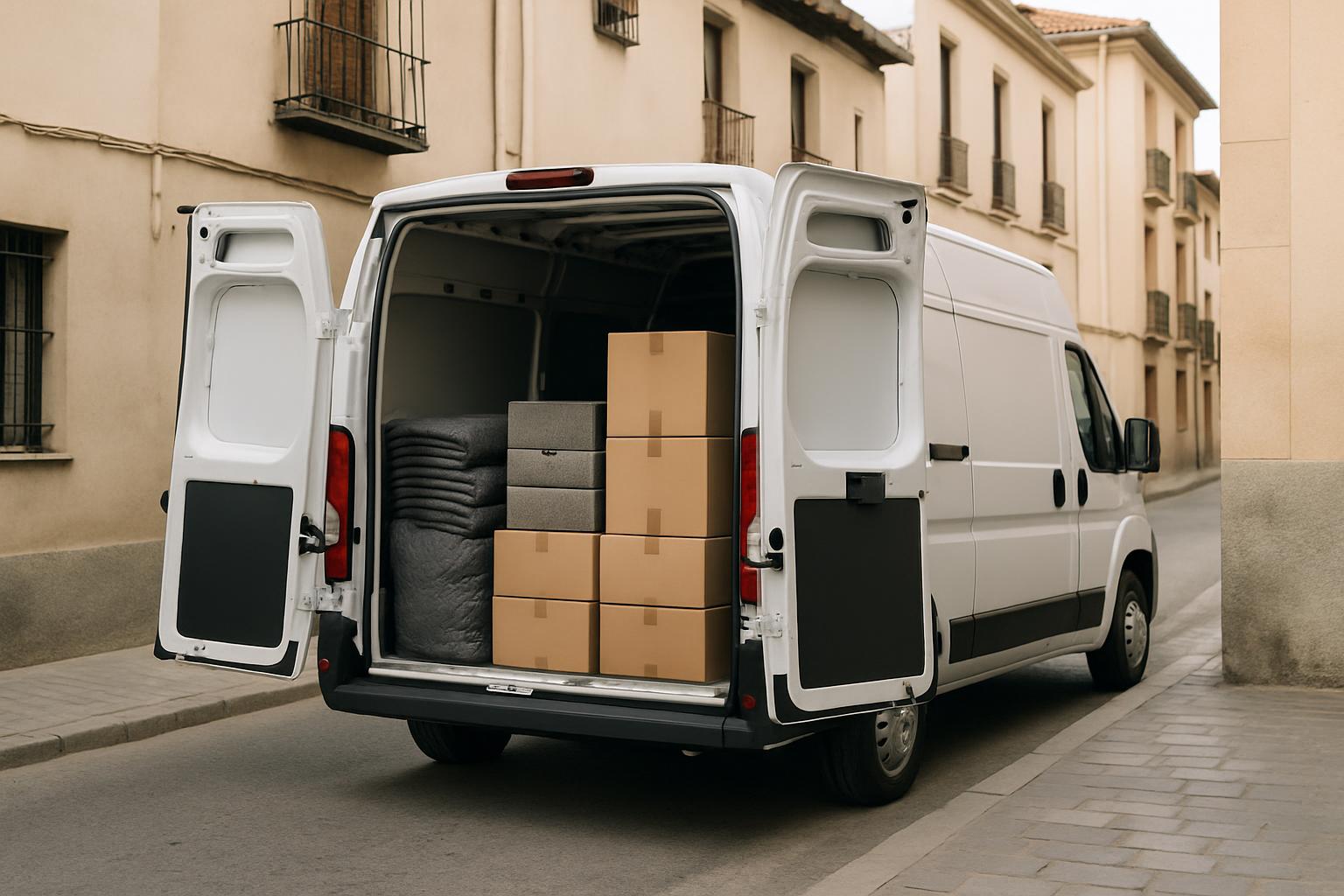 Furgoneta blanca sin rotular con las puertas traseras abiertas, mantas y cajas, en una calle de Granada