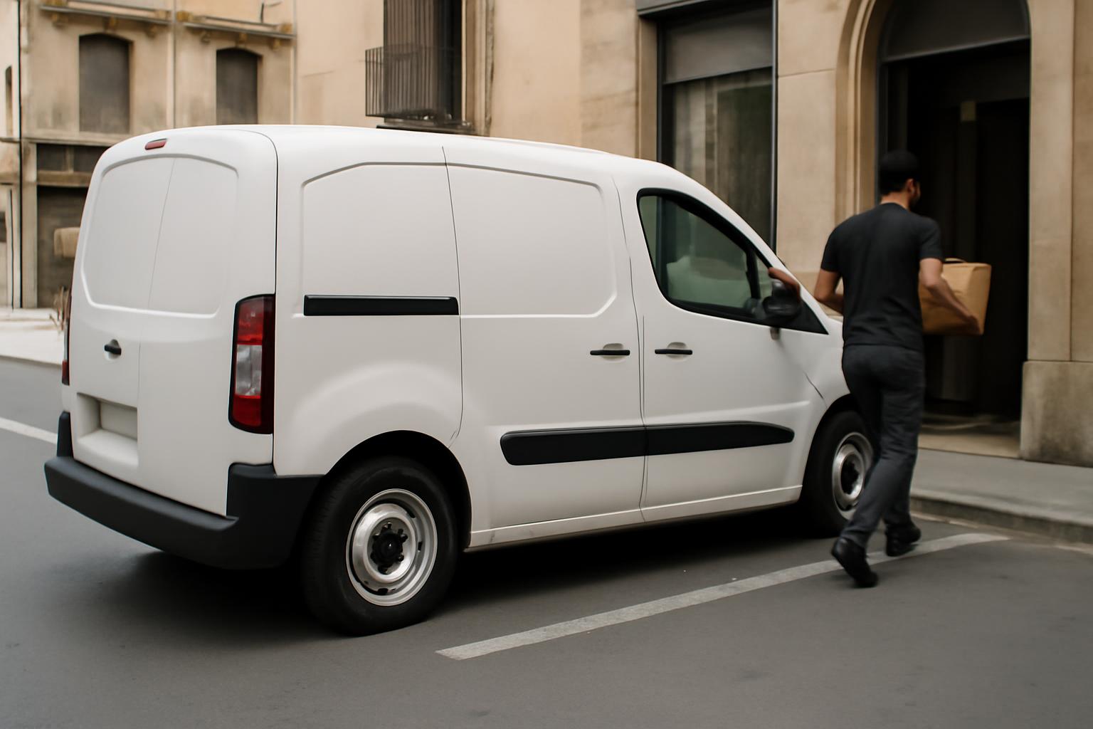 Furgoneta blanca sin rotular en reparto urbano en Granada con un bulto en mano